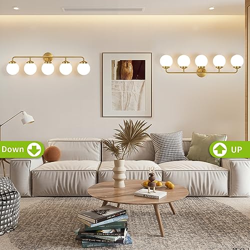 Image of Bathroom Light Fixtures 39in 5-Light Brushed Gold Vanity Light for Mirror | Bathroom Lighting Fixtures over Mirror, ETL, Brushed Brass Wall Sconce, Dimmable E12 Base Max 60W, Milky Glass Ball Shades