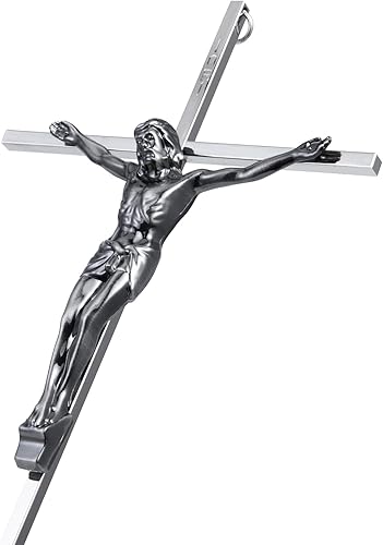 ALDENTA Crucifijo de pared, cruces de crucifijo católico de metal para pared, 10 pulgadas, plata brillante