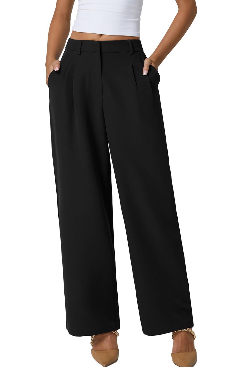 QINSEN Wide Leg Dress Pants for Women High Waisted Wrinkle Free Work Pants with Pockets Casual Slack