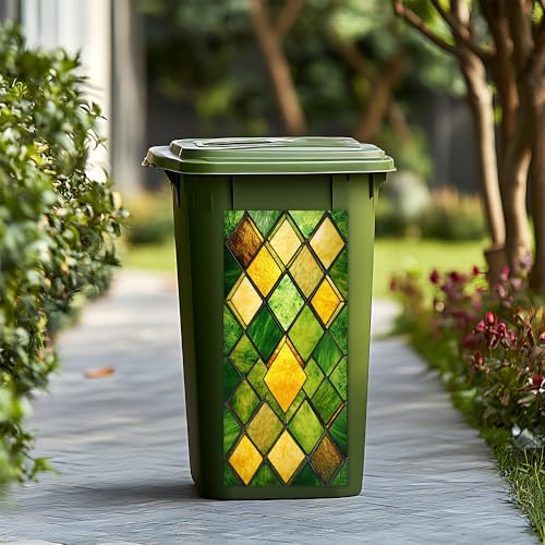 Image of Trash Can Cover Trash Can Stickers Garbage Can Decoration - 14.6x32.3 Inch Green and Yellow Geometric Diamond Abstract Design