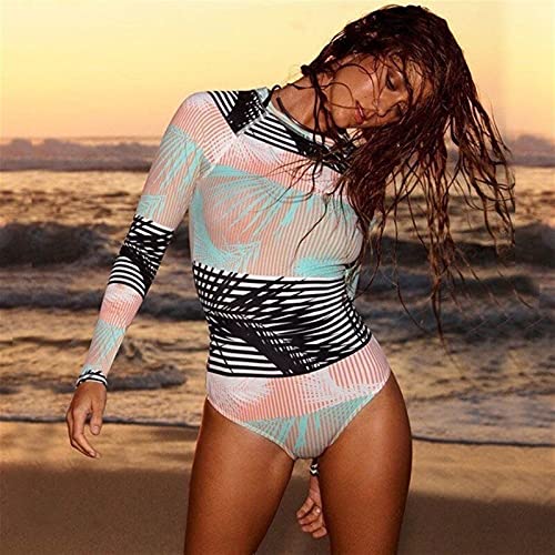 Maiô floral de manga comprida, roupa de banho feminina, roupa de banho retrô de uma peça, roupa de b