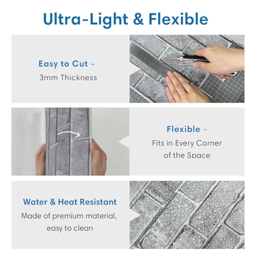 COMSTICKC 3D Gray Brick Wall Panel, Peel and Stick Brick Tiles, 10 Pcs of 12"X12", Small Size Thin PVC Faux Brick Self Adhesive Brick Wall Covering Fake Brick Paneling Background by COMSTICKC - Used condition - Image 5