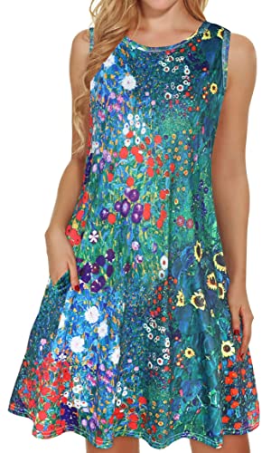 Summer Dresses For Women Loose Flowy Casual Sundress Tank Top Coverup With Pockets (Blue Garden Floral,3Xl) #TOP3