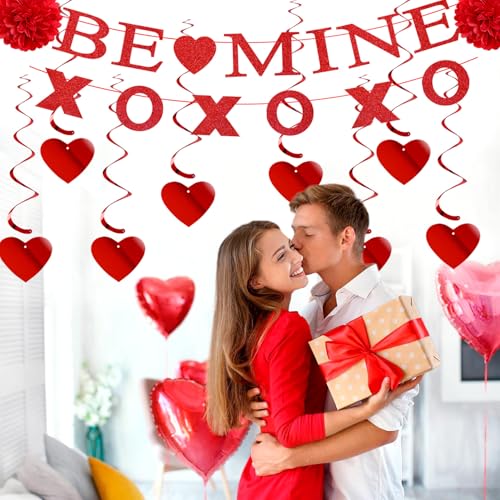 Image of Valentines-Day Decorations Red-Heart Garland Galentines-Decor - 24pcs Tissue Paper Pom Poms Streamers Swirl,Be Mine Xoxo Banner,Love Romantic Special Night Anniversary Party Hanging Lasting Surprise
