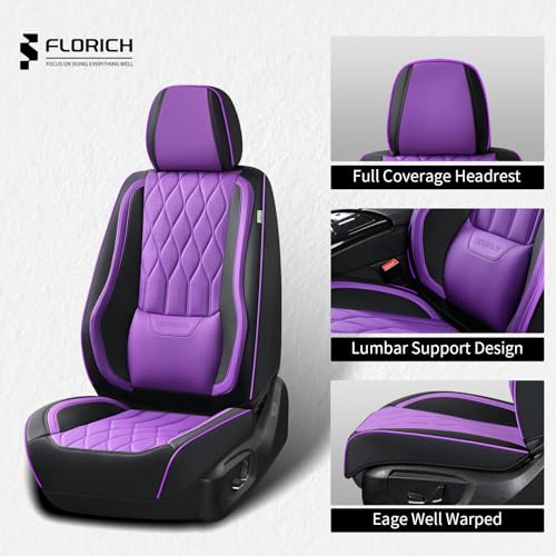 Image of FLORICH Car Seat Covers Full Set Purple Seat Covers Luxury Faux Leather Automotive Car Seat Cover with Lumbar Support Front and Rear Universal Fit for Most Cars Sedans Trucks SUV, Black&Purple