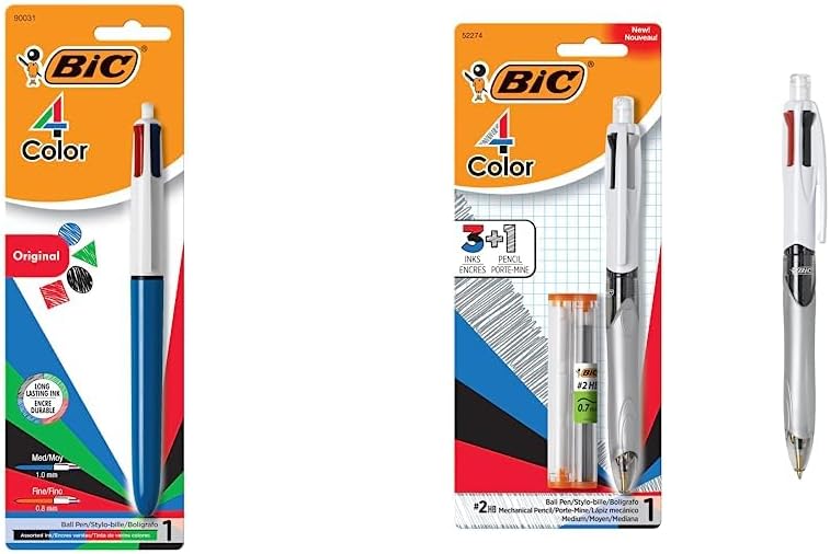 BIC Medium Point Ball Pen, 4 Colors, Assorted Ink, 1 per Pack & 4-Color 3+1 Ballpoint Pen and Pencil, Medium Point (1.0 mm), 0.7mm Lead, Assorted Inks, 1-Count