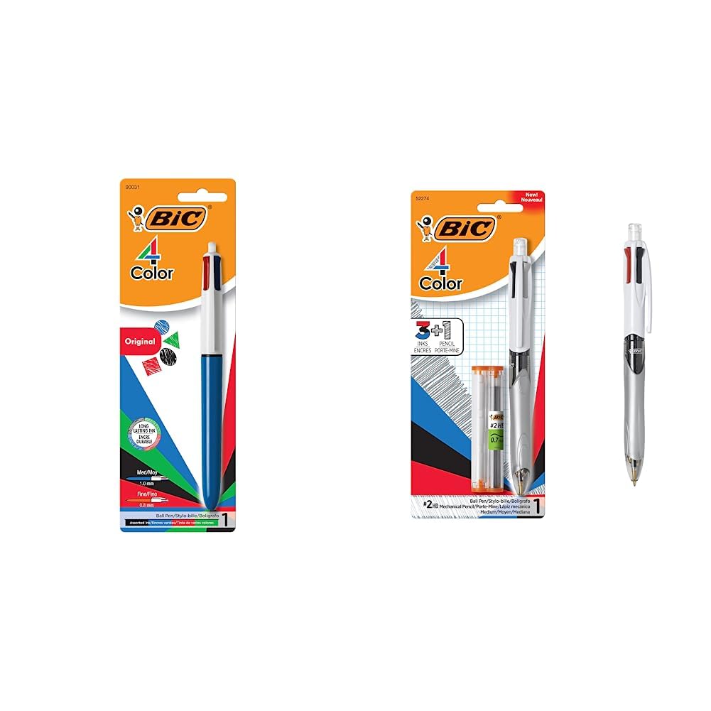 BIC Medium Point Ball Pen, 4 Colors, Assorted Ink, 1 per Pack & 4-Color 3+1 Ballpoint Pen and Pencil, Medium Point (1.0 mm), 0.7mm Lead, Assorted Inks, 1-Count