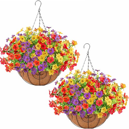 2 Set Artificial Faux Hanging Flowers Plants Basket for Outdoors