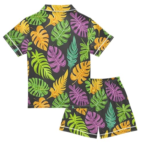 ALAZA Tropical Colorful Palm Leaves Pajamas Satin Pajama Set Short Sleeve Button Down Sleepwear2