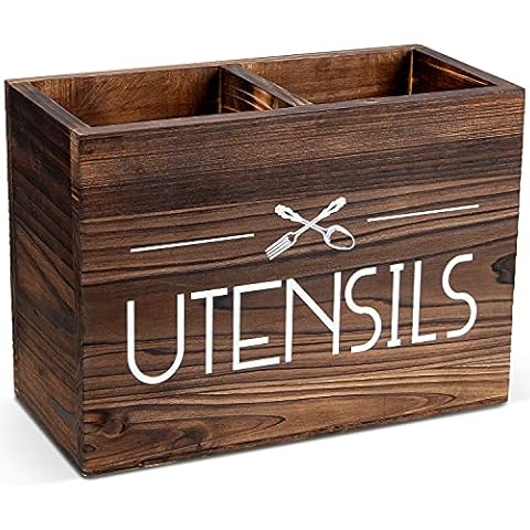 PUERSI Wooden Kitchen Cooking Utensil Holder, Utensil Organizer for Countertop, Rustic Wood for Farmhouse Kitchen Decor, Farmhouse Utensil Caddy with 2 Compartments (Brown) Cover