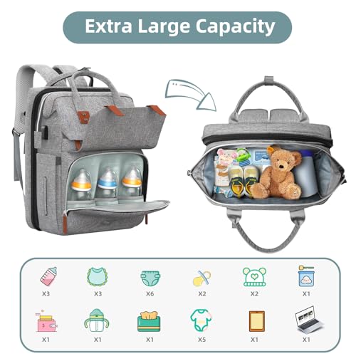 Image of ISMGN Diaper Bag Backpack with Changing Station, Large Diaper Bag, Baby Bag, Multifunctional Diaper Bag, Gray