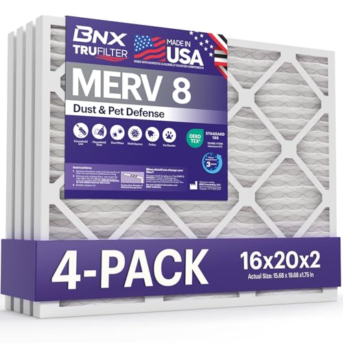 Image of BNX TruFilter 16x20x2 Air Filter MERV 8 (4-Pack) - MADE IN USA - Dust & Pet Defense Electrostatic Pleated Air Conditioner HVAC AC Furnace Filters for Dust, Pet, Mold, Pollen MPR 600 - 700 & FPR 5