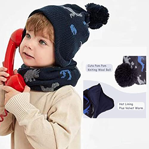 Image of ACTLATI Winter Dinosaur Boy Winter Hat Scarf Mittens Set Warm Beanies Earflap Fleece Pompom Lining Cap for Toddler Kids