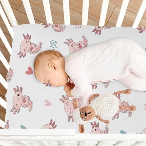 Image of Axolotl Hearts White Fitted Crib Sheet for Boys Girls Baby Crib Bedding Sheet for Toddler Mattresses,39 x 27 in