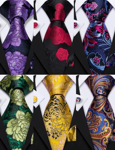 Image of Barry.Wang 6 PCS Men Ties Set Silk Business Fashion Woven Necktie Handkerchief Cufflinks Paisley Stripe Wedding Party