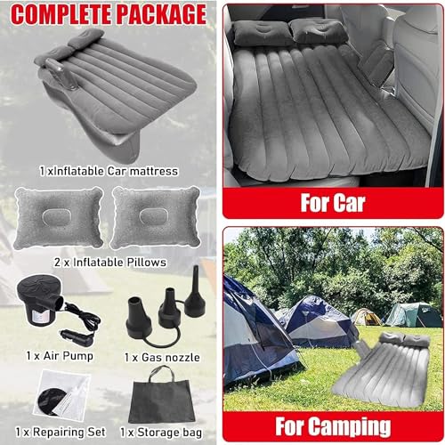 Image of VAVSU PVC Car Camping Mattress | Inflatable Travel Bed with 2 Air Pillows | Portable Sleeping Air Couch for SUV, Car & Outdoor Use (Grey)