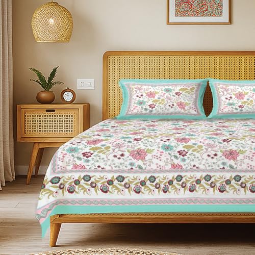 Image of Urban Space 100% Cotton Jaipuri Handblock Printed Double Bedsheet with 2 Pillow Covers, 200 TC Cotton Bedsheet (Size 90 x 100 inches, Anokhi)