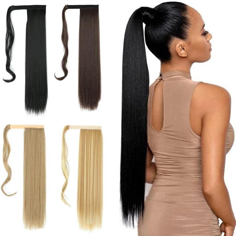 e estelle Long Straight Ponytail Extension Wrap Around Off Black Synthetic Hair Extensions One Piece Hairpiece Pony Tail Extension for Women (STRAIGHT, 2)