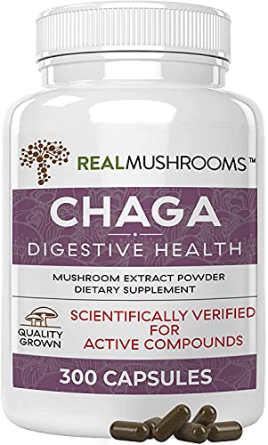 Real Mushrooms Chaga Capsules for Digestive Health and Immune Support (300ct) Vegan, Non-GMO Chaga Extract Supplements, Verified Levels of Beta-Glucans