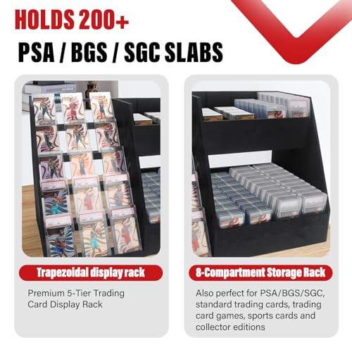 Image of 5-Tier Trading Card Display,Large Capacity Card Display Stand with 8-Row Storage & 8 Stoppers + Dividers,Wooden Graded Card Display Holds 200+ PSA BGS SGC Slabs for Sports Card and Game Card Collection