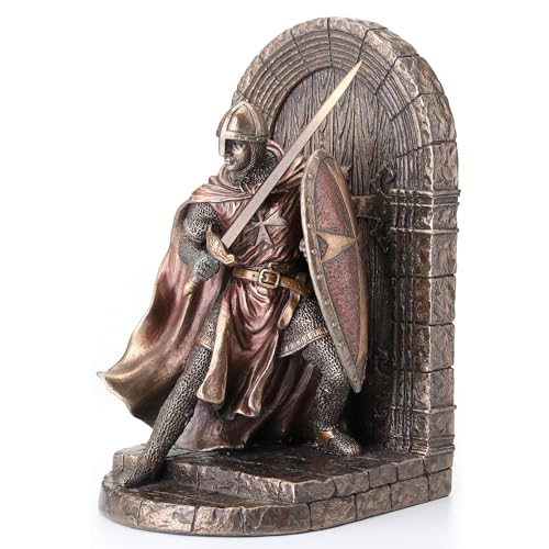 Veronese Design Maltese Crusader Statue in Armor Guarding Door Holding Shield & Sword Bronze Finish Resin Bookend 7.5 Inches High