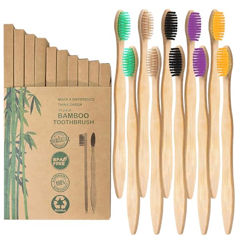 10 Pack Natural Bamboo Toothbrushes,Organic Biodegradable Handle Eco-Friendly Natural Wooden Toothbrush,5 Color Soft Medium Bristles Premium Wooden Toothbrush for Adults