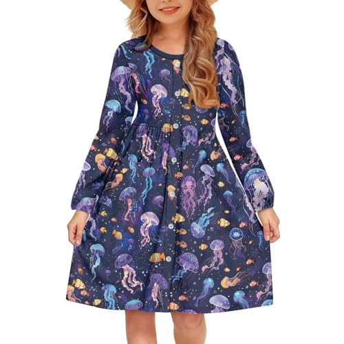 Uourmeti Crewneck Dresses with Pockets Button Down Midi Dress for Girls Long Sleeve A-Line Dresses