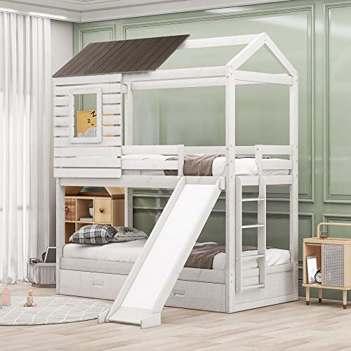 KLMM Low Bunk Bed for Kids Toddlers, Twin Over Twin Bunk Bed with Slide and Two Storage Drawers, House-Shaped Wood Bunk Bed for Girls Boys (Antique White)