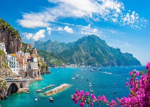 BELECO 10x6.5ft Fabric Italian Amalfi Coast Backdrop Italy Landscape Positano Coast Village Sunset View Mediterranean Sea Background Italian Theme Party Decorations Kids Adults Photoshoot Studio Props