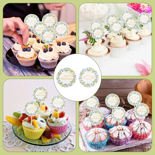 Bomtop Tortendeko Kommunion, 24 Stück Cake Topper Kommunion, Fisch Eukalyptus Cake Torte Deko, Tortenaufleger Kommunionen Junge Mädchen zur Taufe Erstkommunion, Kommunionsgeschenke Party Dekoration