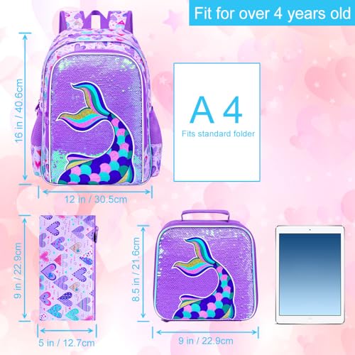 Image of CCJPX 16 inch Mermaid Backpack for Girls, 3Pcs Kids Sequin Bookbag with Lunch Box, Water Resistant Elementary School Bag for Kindergarten Preschool Toddler (Purple)
