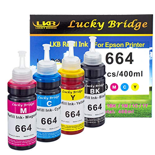 Lucky Bridge Tinta de repuesto para Epson EcoTank T664, T6641, T6642, T6643, T6644, T6644, para botella de tinta ET-2500, ET-2550, ET-2600, ET-2650, ET-4500, ET-140000 L100. L110 L350 L355 L555-400 ml Cover