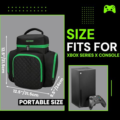 Image of CROTIRAD Carrying Case Compatible with Xbox Series X, Travel Bag with Multiple Storage Pockets for Xbox Controllers, Headset, Game Discs, Cables and Other Accessories, Green Zip
