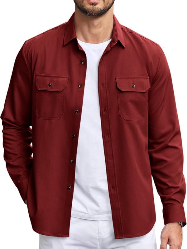 Men’s Solid Casual Shirt | Full Sleeve Button-Down | Double Pocket Regular Fit Stylish Shirt for Daily