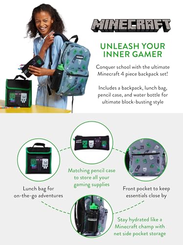 Minecraft Backpack and Lunch Bag Set for Boys | Creeper Pencil Case and Kids Water Bottle | 4 Piece Backpacks Sets for School3