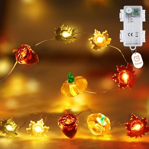 Autumn Fairy Lights 20 LED Pumpkin Acorn Maple Leaf Garland with Timer 10ft Battery Operated Waterproof Fall Decor for Home Indoor Outdoor Thanksgiving Halloween Christmas Harvest Party Decorations