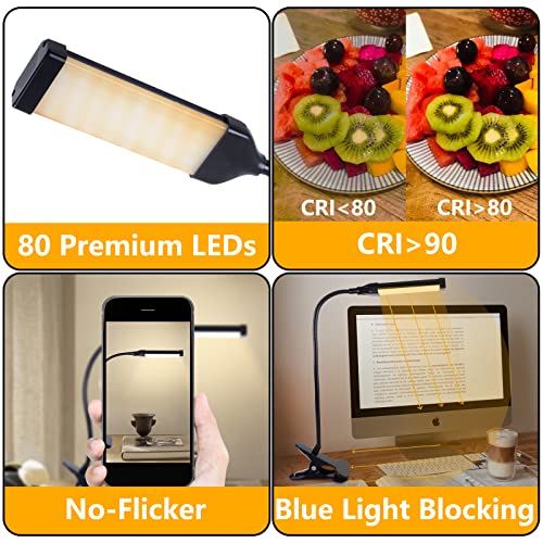 Clip On Light Dimmable Reading Light 80 Led, 3 Color Temperature+10 Brightness Level Night Light With Usb Port, Portable Book Lamp With Flexible Neck For Headboard Desk Computer Working Writing #TOP4