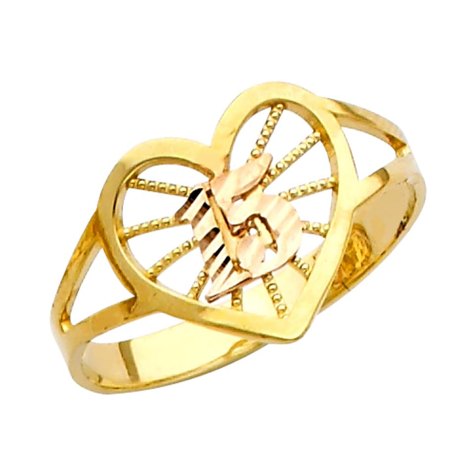 Claddagh Gold 10K and 14K Yellow Gold 15 Años Quinceanera Heart Open Work Ring