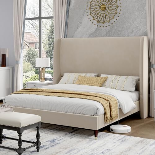 PaPaJet Queen Size Bed Frame with 51.2" Wingback Headboard, Soft