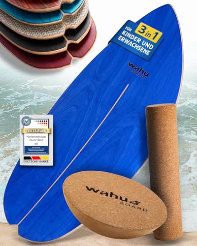 WAHU Balance Board Ocean Blue | 3in1 Set | Surf Balance Board aus 100% Holz mit Rocker Shape & Rolle | Gleichgewichtstrainer für Kinder & Erwachsene | Fitness & Spaß Zuhause