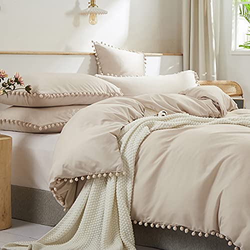 OENTYO Beige Pom Poms Duvet Cover Twin Size,3 Pcs 100% Microfiber Boho Soft Fringe Ball Textured Solid Color Duvet Cover Set,1 Duvet Cover 2 Pillow Shams (Beige,Twin)