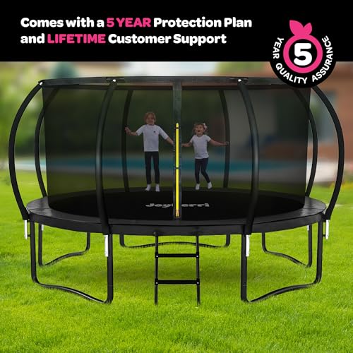 Image of JoyBerri Upsurge Trampoline Outdoor - ASTM Certified Safe 8Ft 10Ft 12Ft 14Ft 15Ft 16Ft Recreational Trampoline for Kids and Adults. Anti-Rust Coating with Enclosure Net, Ladder, Sprinkler & LED Lights