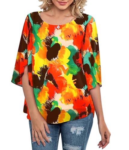 Neineiwu Women's Floral Chiffon Blouse 3/4 Ruffle Sleeve Dressy Casual Top