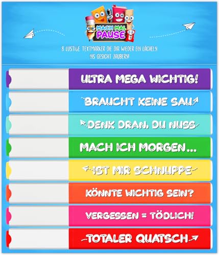 MACH MAL PAUSE® 8x Lustige Textmarker - das frech bunte Marker Set zum lernen u. markieren ist das Geschenk für Studenten Schüler Lehrer u. Kollegen - die Highlighter Stifte für Schule Uni Büro