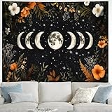 BVBOX Moon Garden Tapestry 59'x51', Black Celestial Floral Bohemian Moon Butterfly Tapestries, Dark Botanical Tapestry Wall Hanging Room Decor For Bedroom, Living Room