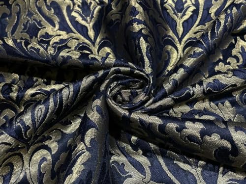 Brocart de soie lourde KHAB or et bleu marine pour vos tenues de soirée chic