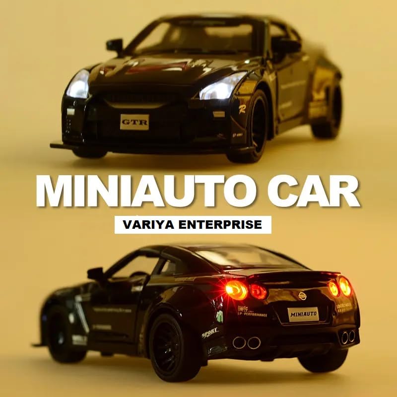 Image of 1:32 Scale New Nissan GTR R34 Toy Car | Metal Pullback Diecast Car for Kids with Openable Doors, Sound, Light Effects, Black
