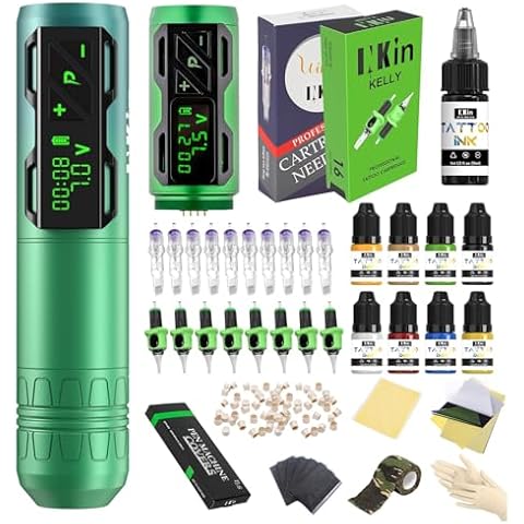 INKin Tattoo Gun Kit Complete for Beginners,CL2 Wireless Tattoo Machine Kit Professional 4.0mm Stroke with Extra 1800mAh Battery Power Supply, 36Pcs Tattoo Needles Assorted and 9 Tattoo Ink Color Set Cover