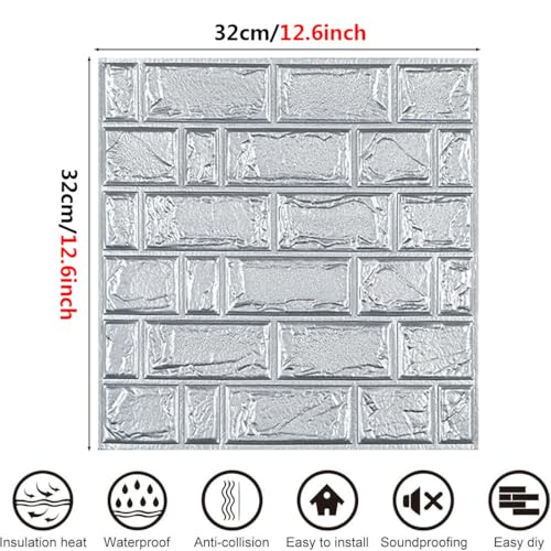 Paneles de pared 3D de ladrillo plateado autoadhesivos e impermeables 3