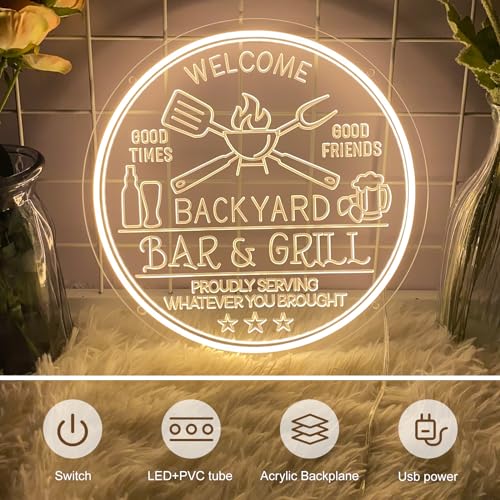 Image of Bar and Grill Neon Sign,Bar & Grill Sign, Backyard Patio Wall Art,Bar Sign,Grill Sign Backyard Sign BBQ Grilling Light Up Sign for Backyard,Garden Yard,Patio Decor, Housewarming Gift（Dimmable）